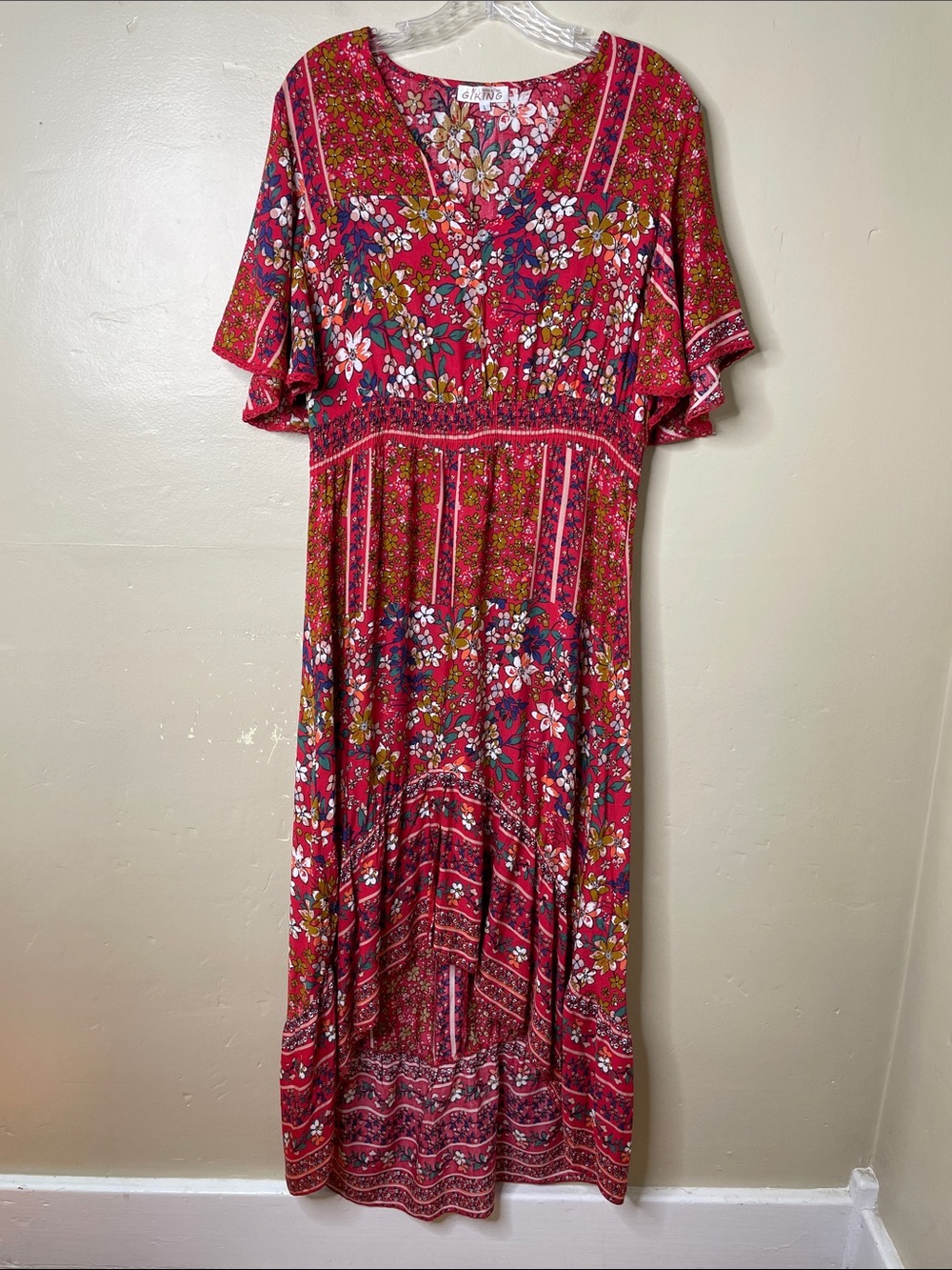 GIKING Red Dress Floral Lace Trim Boho Chic Cool Summer Casual Large